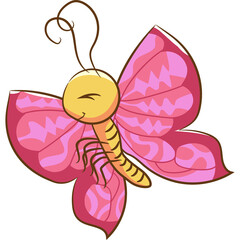 Cute cartoon butterfly with pink patterned wings and yellow head smiling with closed eyes in a gentle flutter on a transparent background