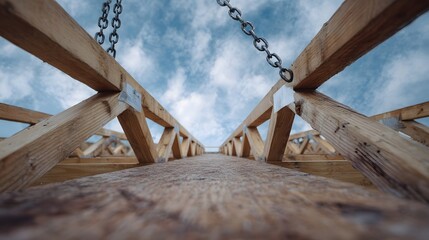 Wooden roof trusses are hoisted by chains against a cloudy blue sky symbolizing construction and progress