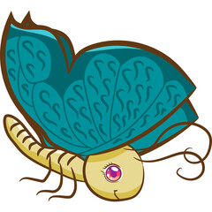 Cute Cartoon Butterfly With Teal Wings And Yellow Body Isolated On Transparent Background
