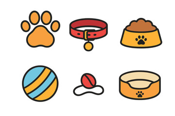 Colorful set of dog and cat accessories including collar, food dish, bed, ball, and paw print