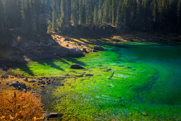 Scenic view of Karersee (Lago di Carezza) in the Dolomites in South Tyrol, Italy, Europe