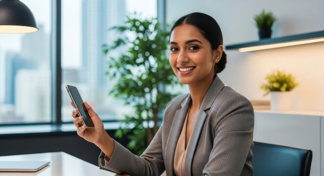 Successful smiling young indian businesswoman holding smartphone in a modern office. Confident female professional using mobile technology for corporate communication and success.