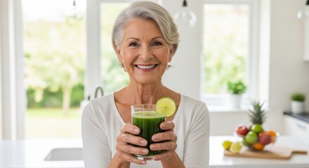 Healthy senior woman drinking green smoothie. Concept for wellness, vitality, diet and nutrition. Happy mature person with fresh vegetable juice for detox and healthy lifestyle.