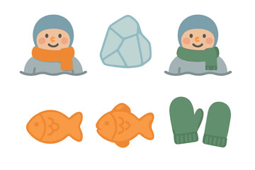 Cute winter fishing set with smiling characters, ice block, fish, and warm mittens