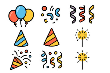 Assortment of colorful party elements including balloons hats confetti streamers and sparklers
