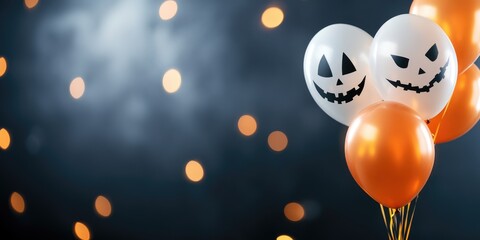 Spooky halloween balloons with jack-o'-lantern faces and festive bokeh background