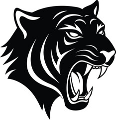Tiger silhouette icon. Fierce black tiger head roaring with open mouth and sharp teeth tribal tattoo style