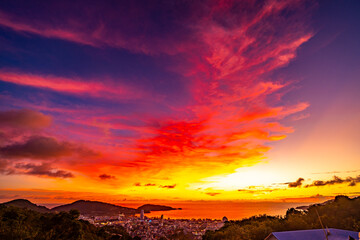 Beautiful sunset or sunrise over the sea with colorful clouds,Amazing clouds and majestic light nature background