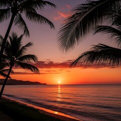 Tropical Sunset Over Ocean With Palm Trees.