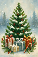 Heartwarming Holiday Scene with Snow-Dusted Tree, Presents, and Peaceful Winter Background