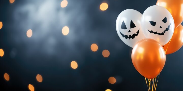 Spooky halloween balloons with jack-o'-lantern faces and festive bokeh background - Powered by Adobe