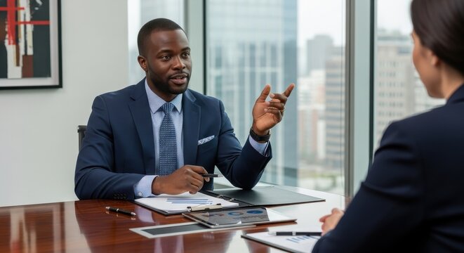 African american businessman financial advisor consulting client at office desk. Corporate manager in meeting explaining business strategy with charts. Job interview negotiation. - Powered by Adobe