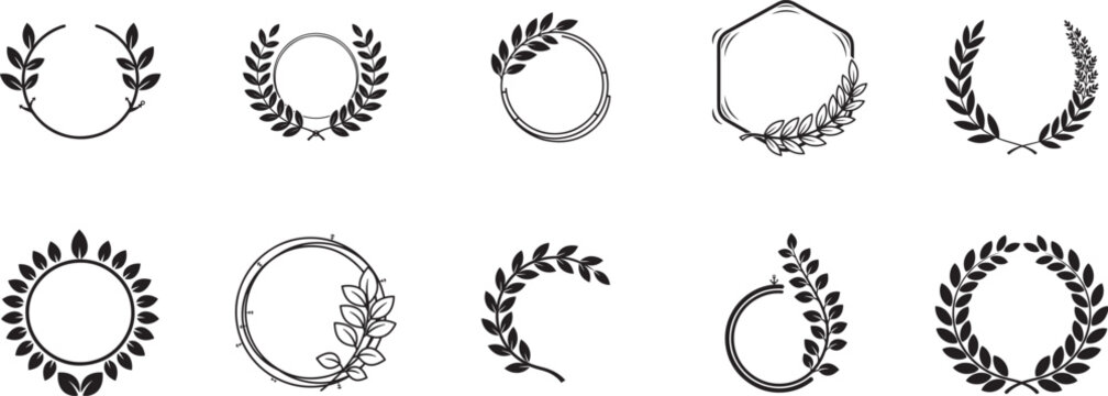Laurel wreath silhouette vector frames with botanical leaf circle borders for logo, invitation, and award design