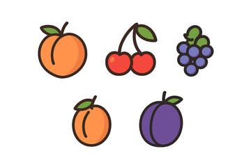 Fresh summer fruits including peaches cherries grapes and plums in a simple outline