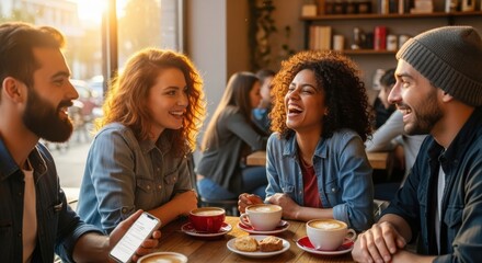 Happy diverse friends laughing in a cozy coffee shop at sunset. A multiethnic group of young people socializing and drinking coffee. Concept of friendship, connection, and leisure.