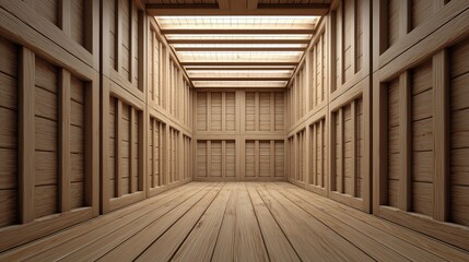 Wooden Room: An architectural design showcases a minimalist wooden room, crafted with precision and symmetry, exuding a sense of order and tranquility. 