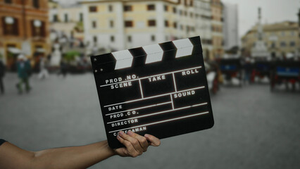 Man holding a clapperboard on a bustling city street, capturing the essence of filming with blurred...