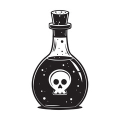 Black Poison Potion Bottle with Skull Icon. Spooky Halloween Vector Illustration. poison potion bottle featuring a skull symbol, perfect for Halloween, witchcraft, or spooky-themed designs