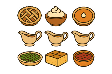Traditional holiday meal elements including pie, gravy, green beans, and cranberry sauce