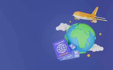 Fototapeta premium Planet Earth and plane flying in sky, Airplane travel, Passport with airline ticket