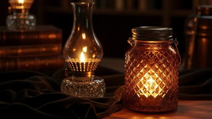 Vintage oil lamp and glass lantern glowing with warm light on a dark draped surface - Powered by Adobe