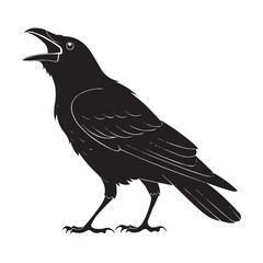 Black Crow Silhouette Vector Illustration on White Background. Perfect for Halloween designs, wildlife projects, gothic art, nature themes, tattoos, logos, and educational materials