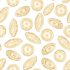 Watercolor Korean Ginseng Root Slice Seamless  Pattern. Symbol of balance, healing, and spiritual energy. Ideal for herbal product labels, moon ritual illustrations, and wellness design collections