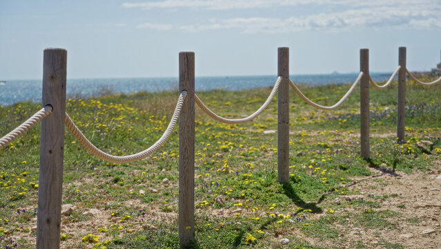 Rope fence along a sunny coastal path with wildflowers in bloom, capturing the essence of a serene outdoor setting by the sea and clear blue sky.