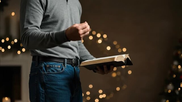 Man holds bible and gestures with hand for modern Christian sermon with blurred bokeh lights, Christmas tree, and garland for holiday sermon footage.