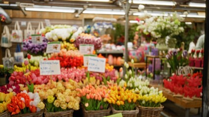 Blurred flower display in bustling shop with vibrant tulips and exotic arrangements, surrounded by bokeh effects, capturing the essence of a florist's creative environment.