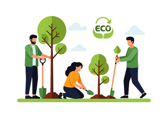 People planting trees together for environmental conservation and sustainable living in nature