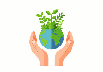 Illustration of Hands holding a sprouting Earth, symbolizing growth, care, and environmental protection
