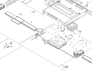 A detailed black and white airport city scene features multiple aeroplanes on the runway and numerous terminal buildings. Isometric view