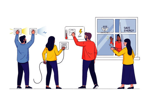 People saving energy by switching off lights and unplugging devices, promoting eco-friendly habits at home and in the community