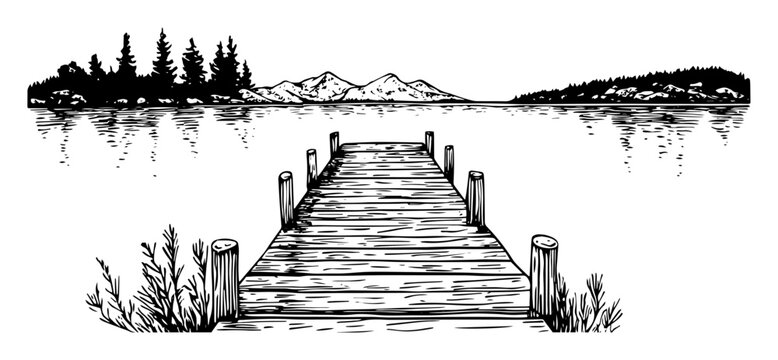 wooden pier on a tranquil lake with mountain view sketch