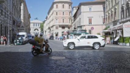 Defocused rome street scene with soft bokeh and blurred cobblestone foreground; background backplate copyspace calm.