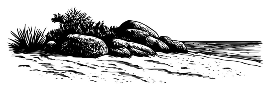 rocky sea shore with stones and sand sketch