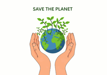 Human hands carefully holding the planet Earth with green plants sprouting, representing the concept of environmental protection and sustainability