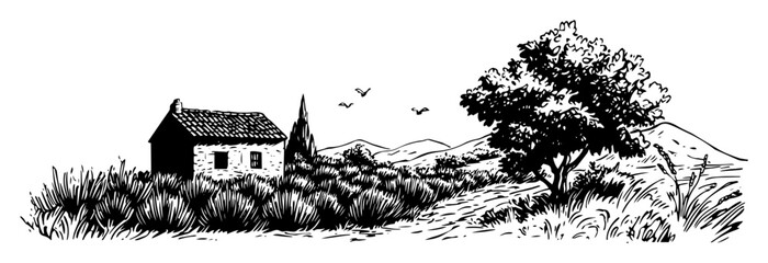 old stone house on a hill rural landscape sketch © Kaz