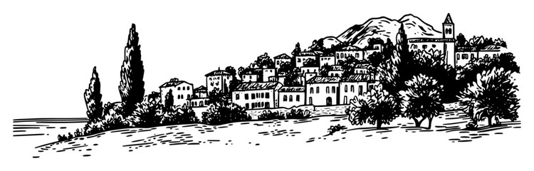 italian coastal town on a hill landscape sketch