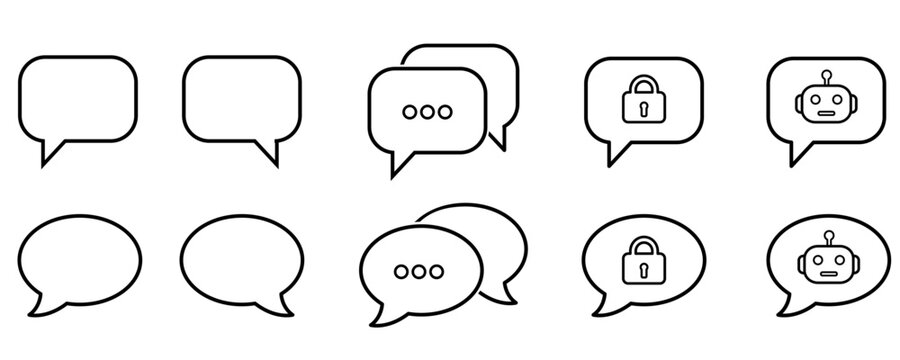 Chat bubble line icons. speech bubble icon set in outline style. Communication vector icons having chat with human assistant, chatbot, typing indicator, secure messaging and comment symbols.(Isolated)