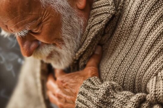 A sick elderly man smoking and coughing.  Generative AI
