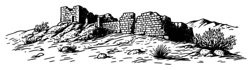 desert stone fortress ruins in arid landscape illustration