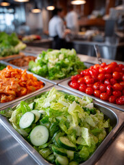 Obraz premium Fresh salad bar with assorted vegetables in a restaurant.