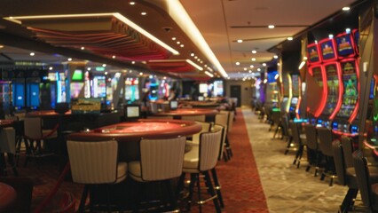 Casino gaming floor with tables, slots and chairs seen in soft blurred bokeh interior; background...