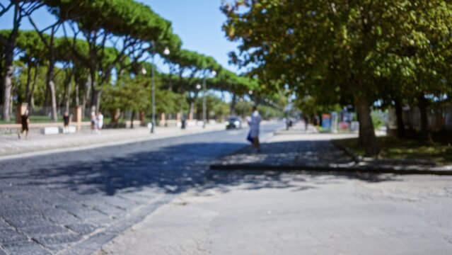 Sunlit city street scene with soft bokeh, defocused shallow focus over trees, sidewalk, cobblestone pavement and distant lampposts, outdoor background; background backdrop copyspace calm.
