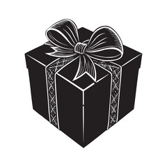 Elegant Black and White Gift Box with Ribbon. Minimalist design showcases a detailed bow and a geometric pattern on the gift’s wrapping, making it an ideal choice for celebrating special occasions