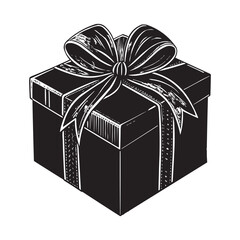 Elegant Black and White Gift Box with Ribbon. Minimalist design showcases a detailed bow and a geometric pattern on the gift’s wrapping, making it an ideal choice for celebrating special occasions