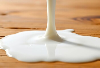 Close-up of spilled milk, forming a puddle on a wooden table,  surface,   image