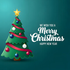 Modern Festive Christmas Illustration with Gold Star, Red Ribbon, and Teal Background